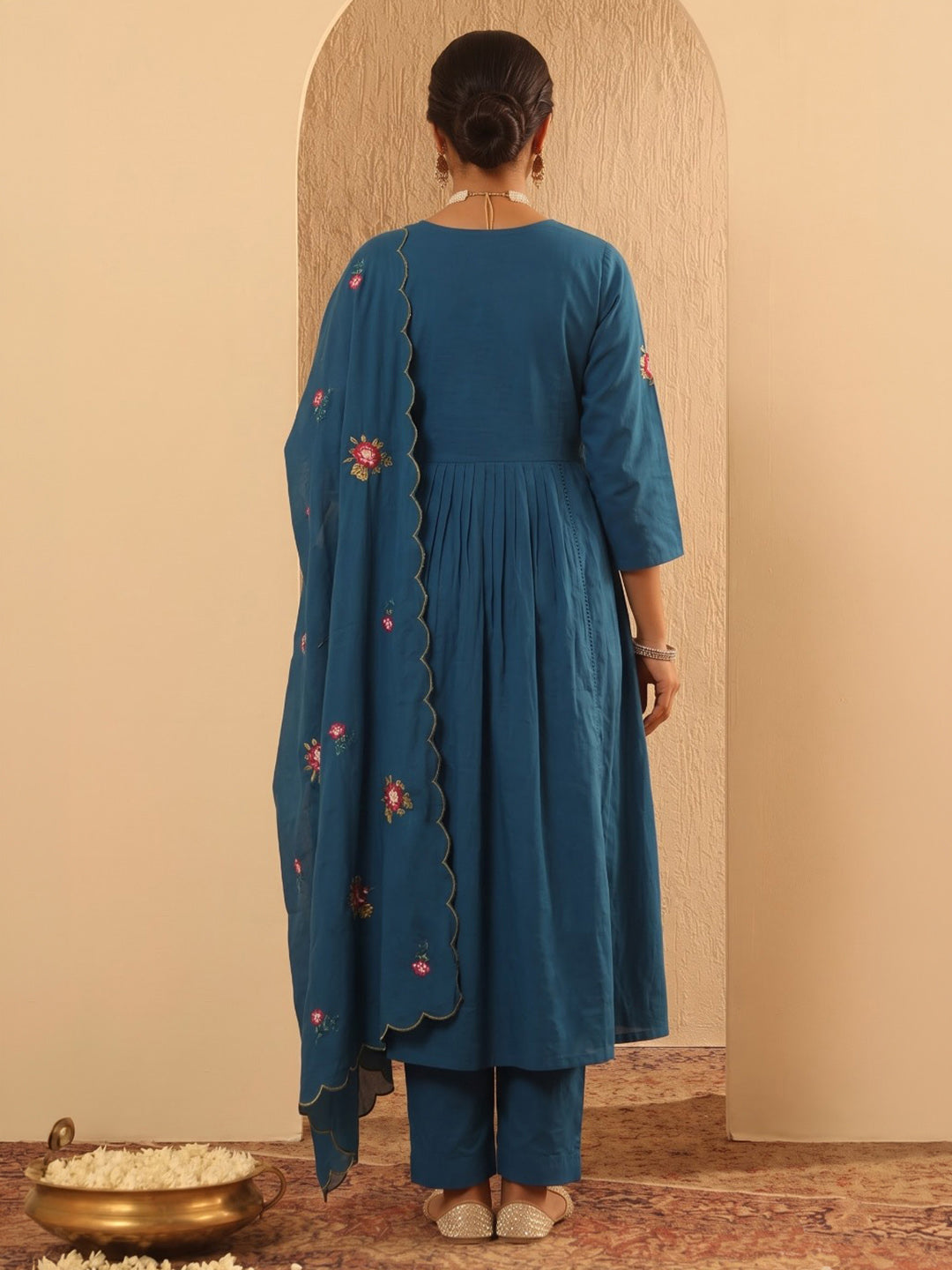 Blue Embroidered Cotton Blend Kurta With Pant &amp; Dupatta