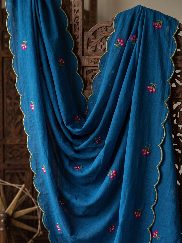 Blue Embroidered Cotton Blend Kurta With Pant &amp; Dupatta