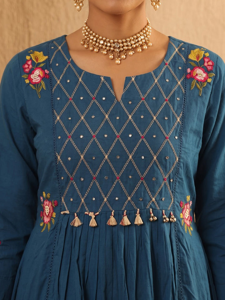 Blue Embroidered Cotton Blend Kurta With Pant &amp; Dupatta