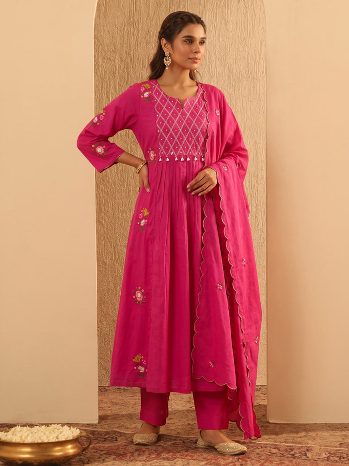 Rani Embroidered Cotton Blend Kurta With Pant &amp; Dupatta