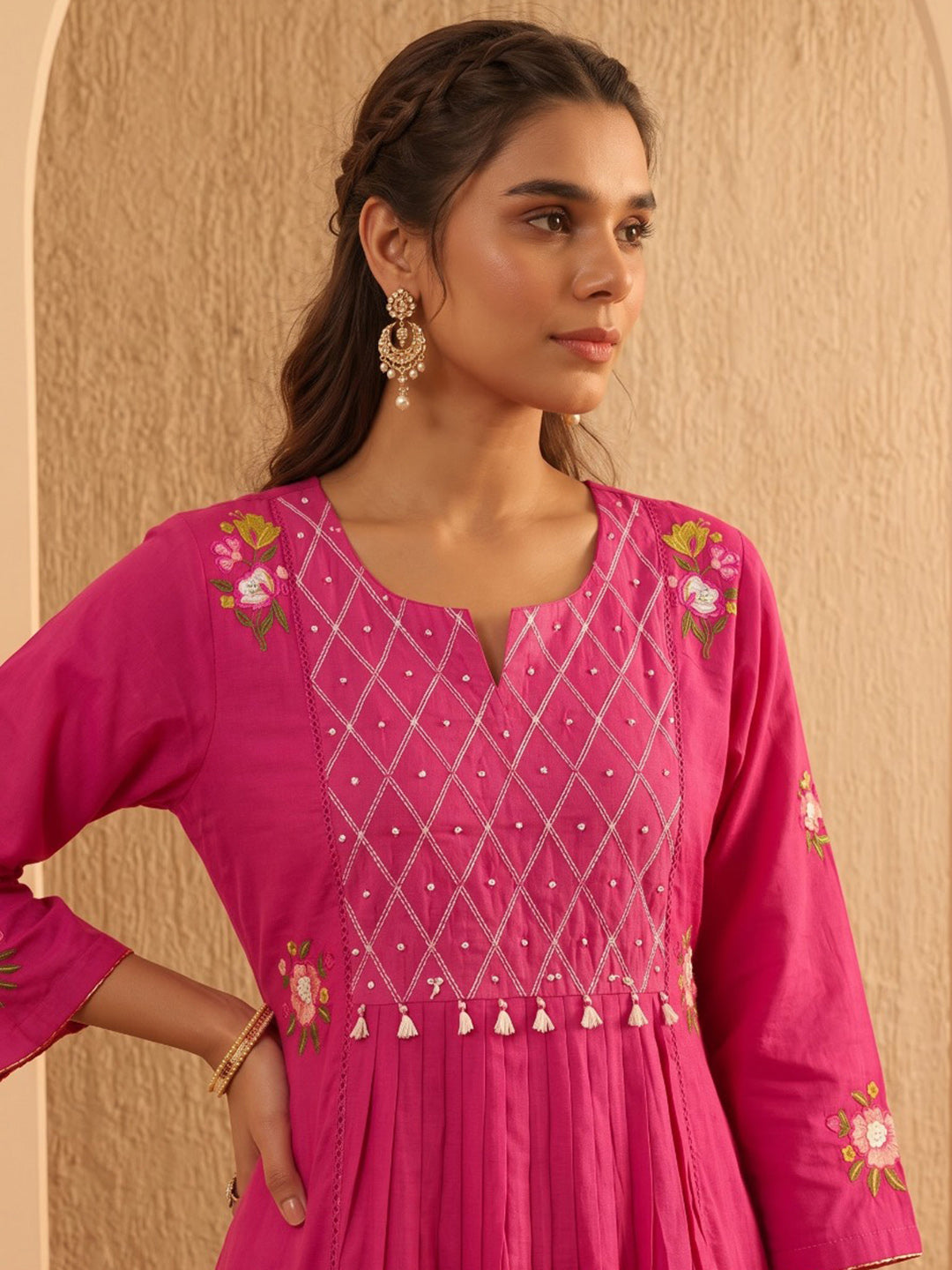 Rani Embroidered Cotton Blend Kurta With Pant &amp; Dupatta
