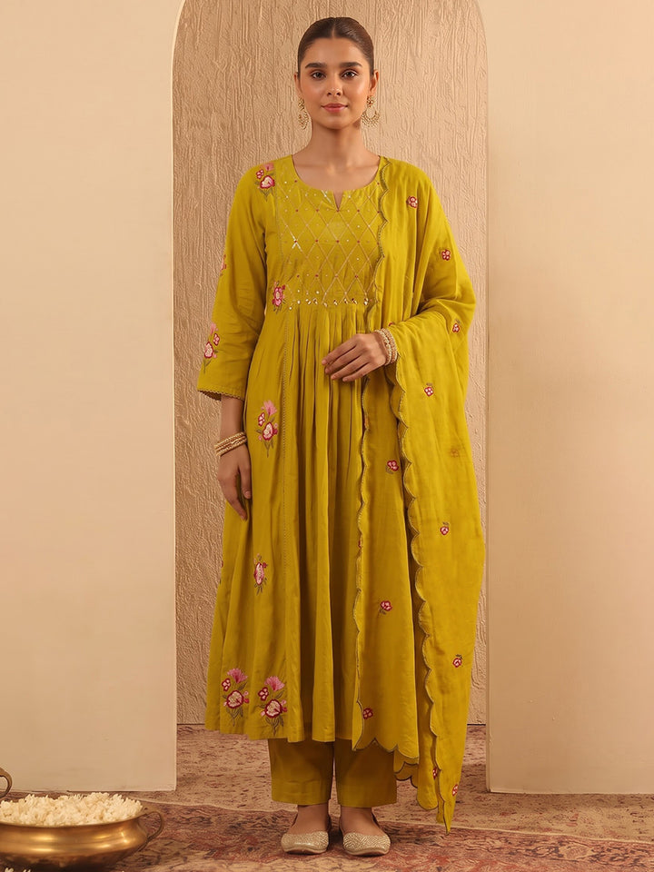 Yellow Embroidered Cotton Blend Kurta With Pant &amp; Dupatta