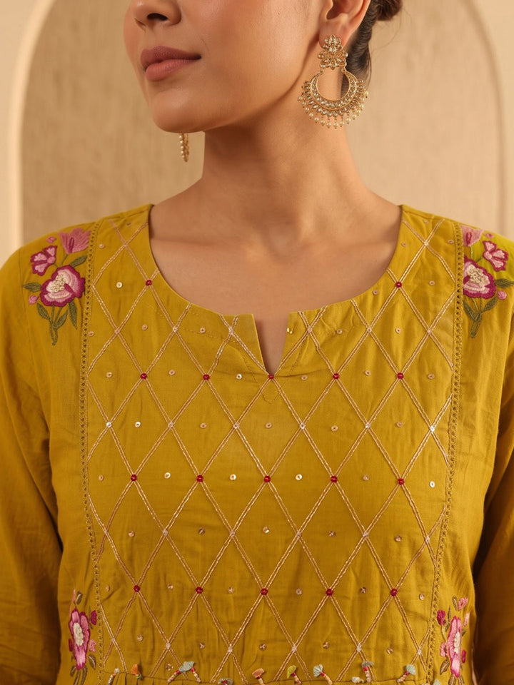 Yellow Embroidered Cotton Blend Kurta With Pant &amp; Dupatta