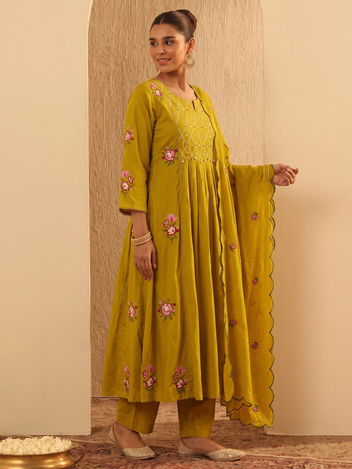 Yellow Embroidered Cotton Blend Kurta With Pant &amp; Dupatta