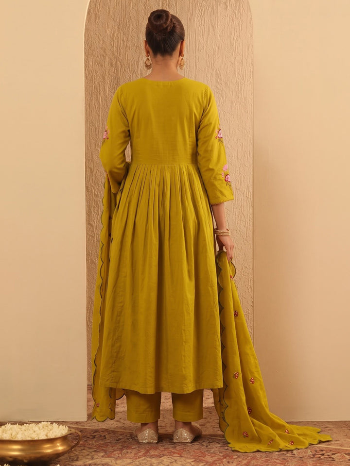 Yellow Embroidered Cotton Blend Kurta With Pant &amp; Dupatta