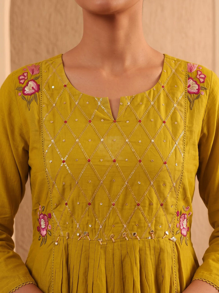 Yellow Embroidered Cotton Blend Kurta With Pant &amp; Dupatta