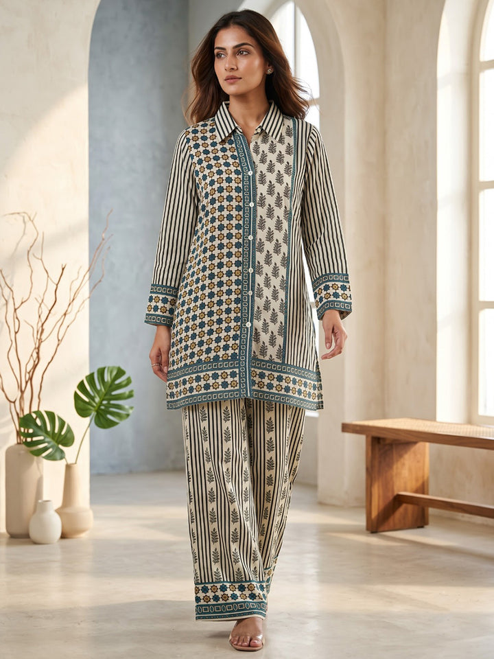 Cream Printed Crepe Kurta Set