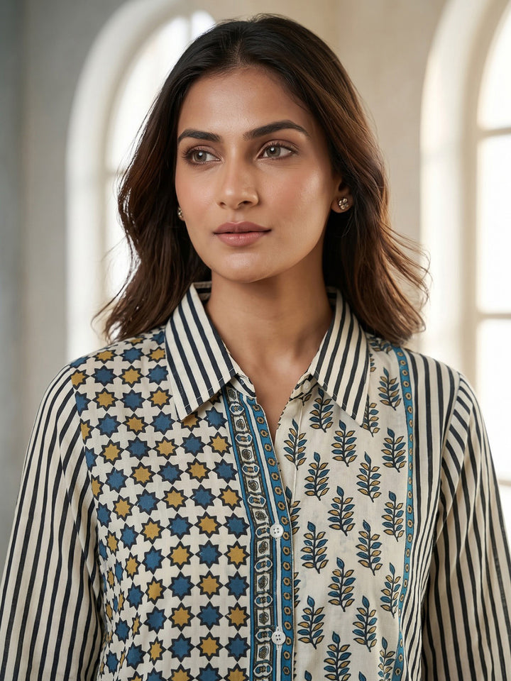 Cream Printed Crepe Kurta Set