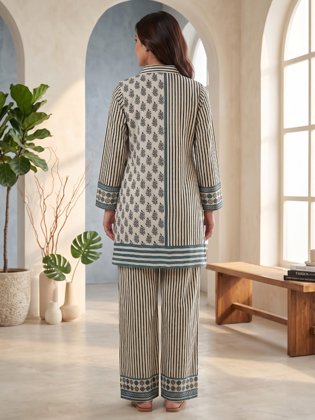 Cream Printed Crepe Kurta Set