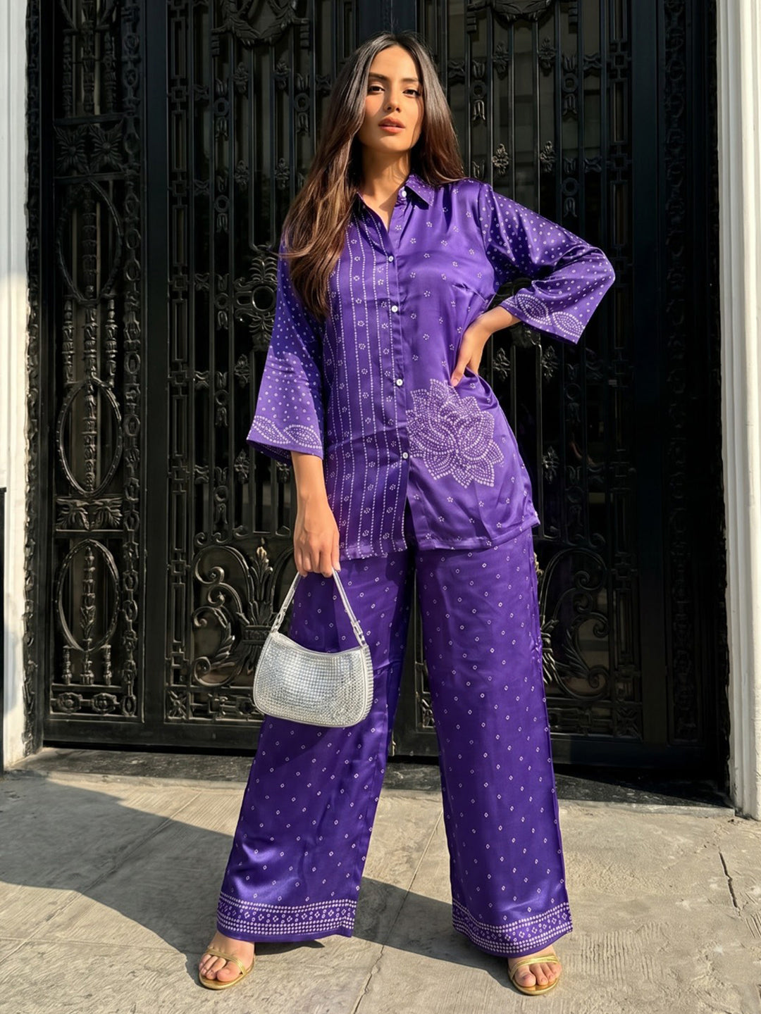 Purple Printed Crepe Kurta Set
