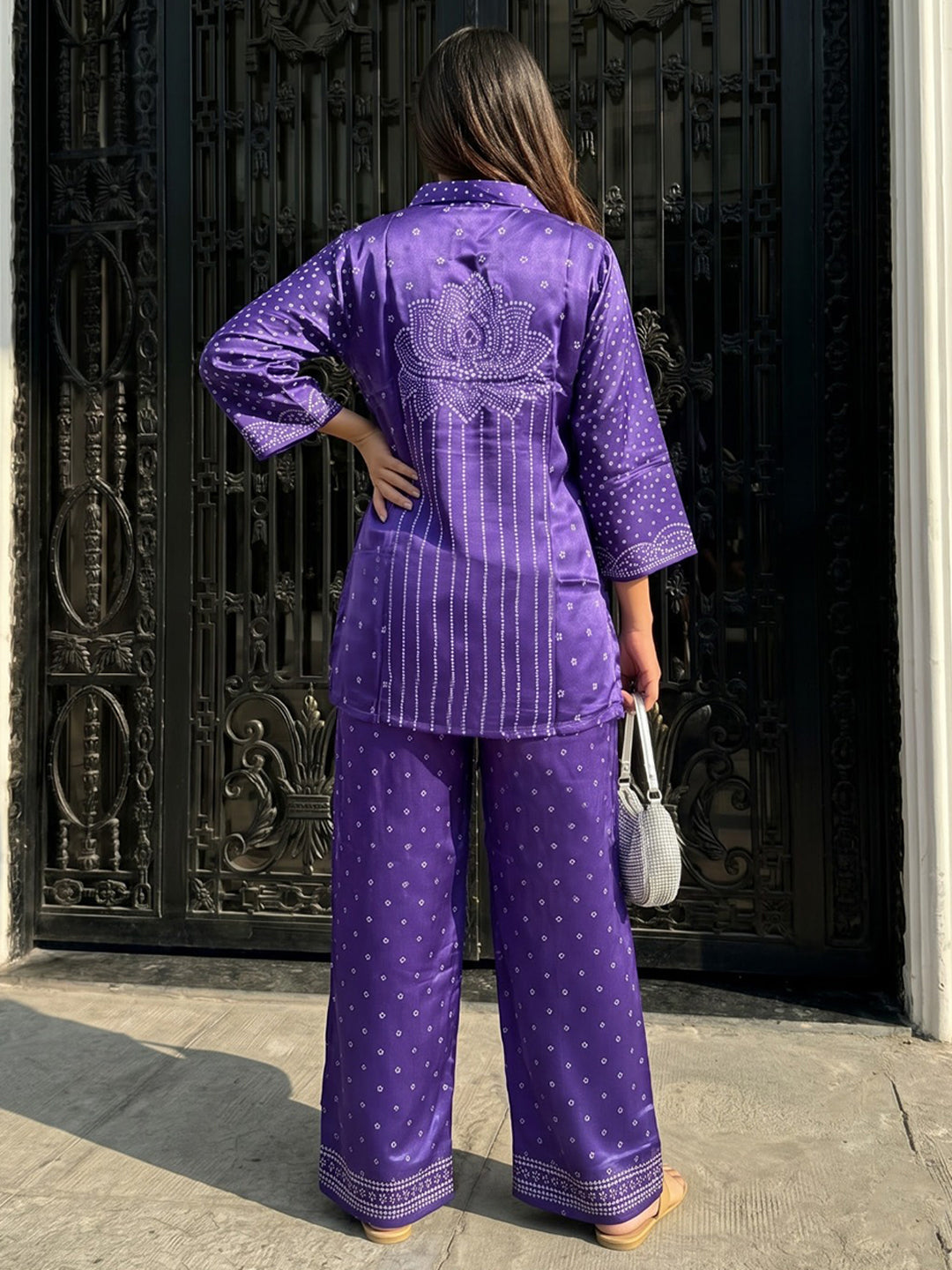 Purple Printed Crepe Kurta Set