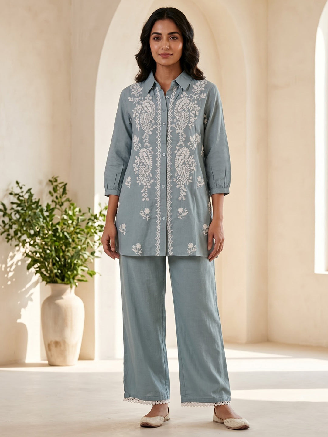 Blue Printed Muslin Kurta Set
