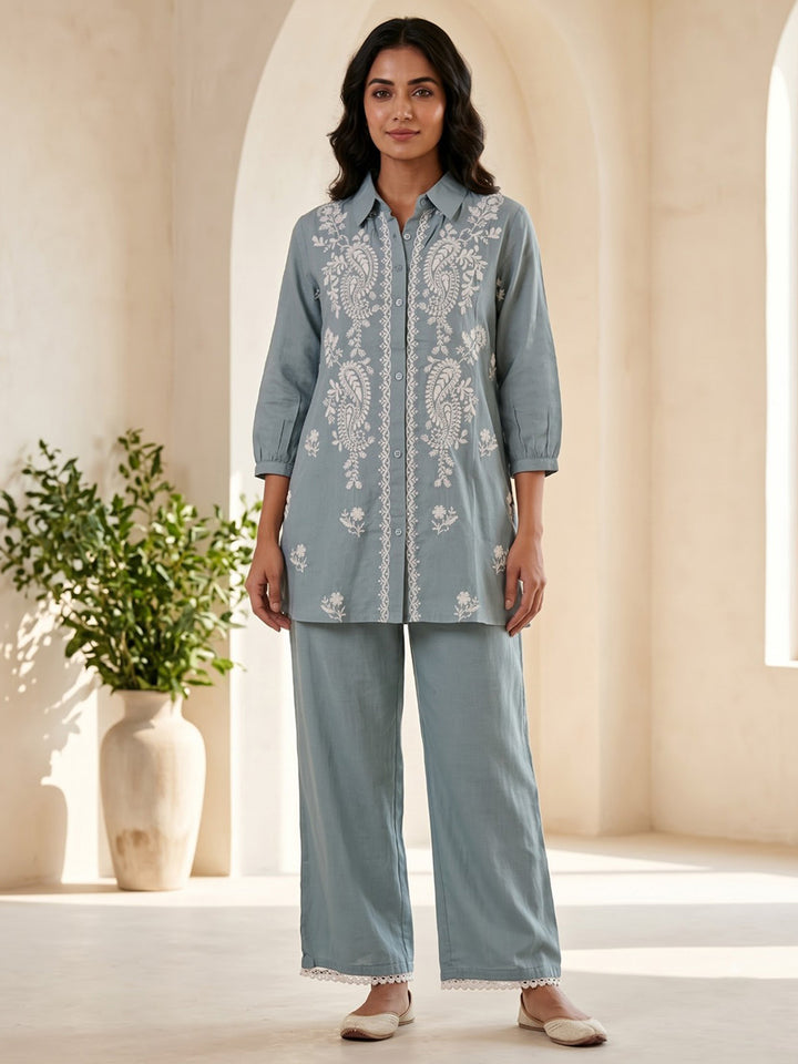 Blue Printed Muslin Kurta Set