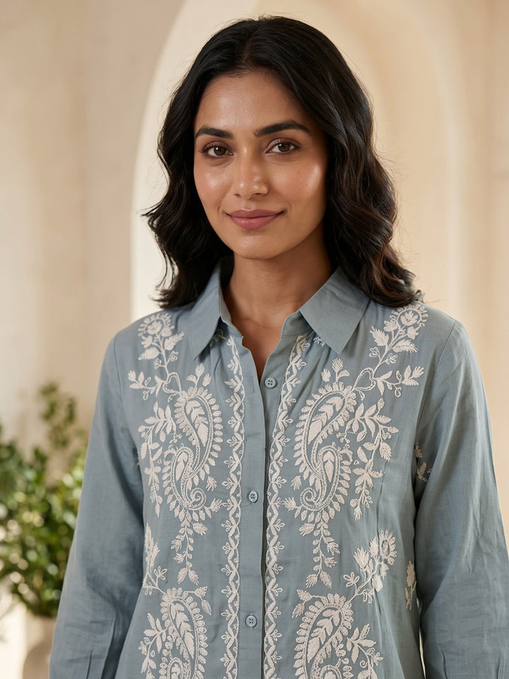 Blue Printed Muslin Kurta Set