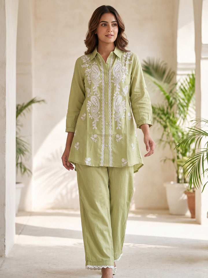 Green Printed Muslin Kurta Set