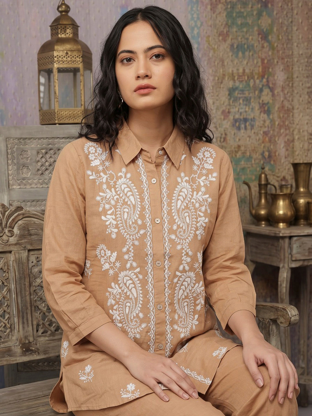 Orange Printed Muslin Kurta Set