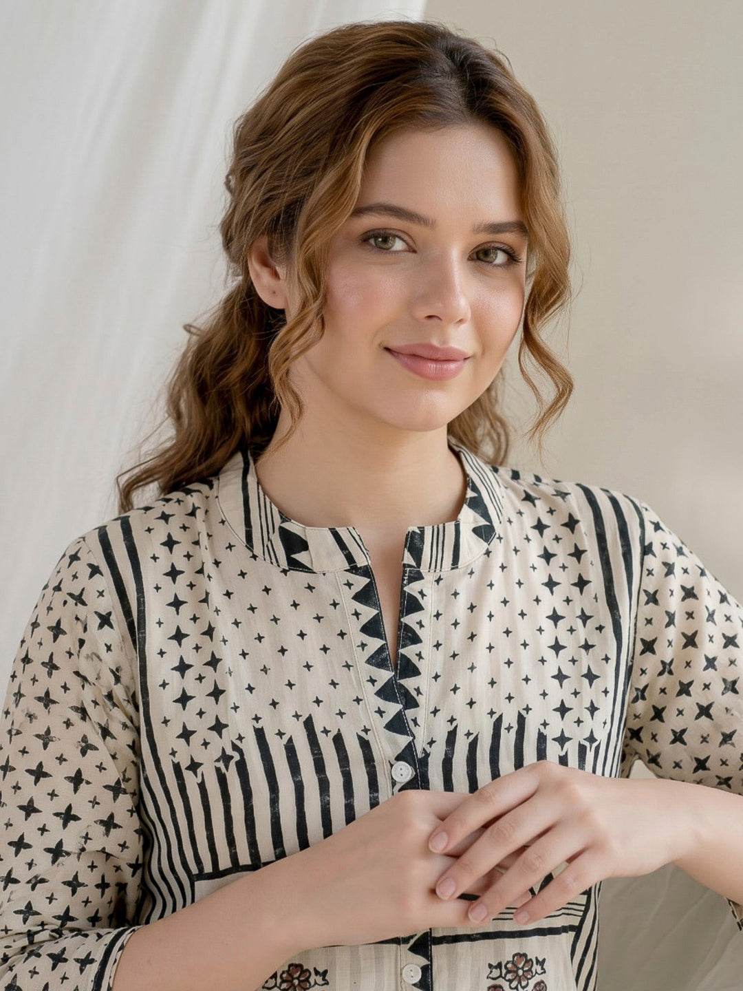 White Printed Crepe Kurta Set