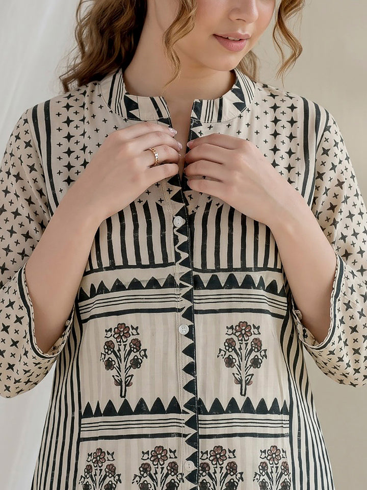 White Printed Crepe Kurta Set