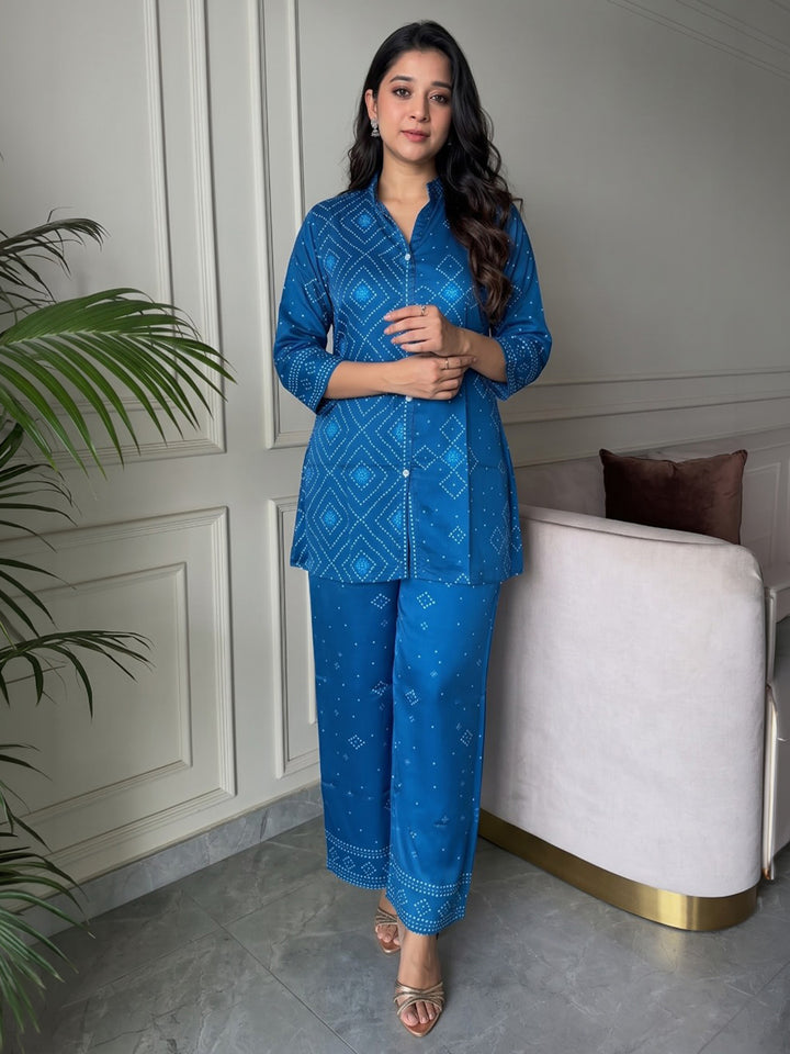 Blue Printed Crepe Kurta Set