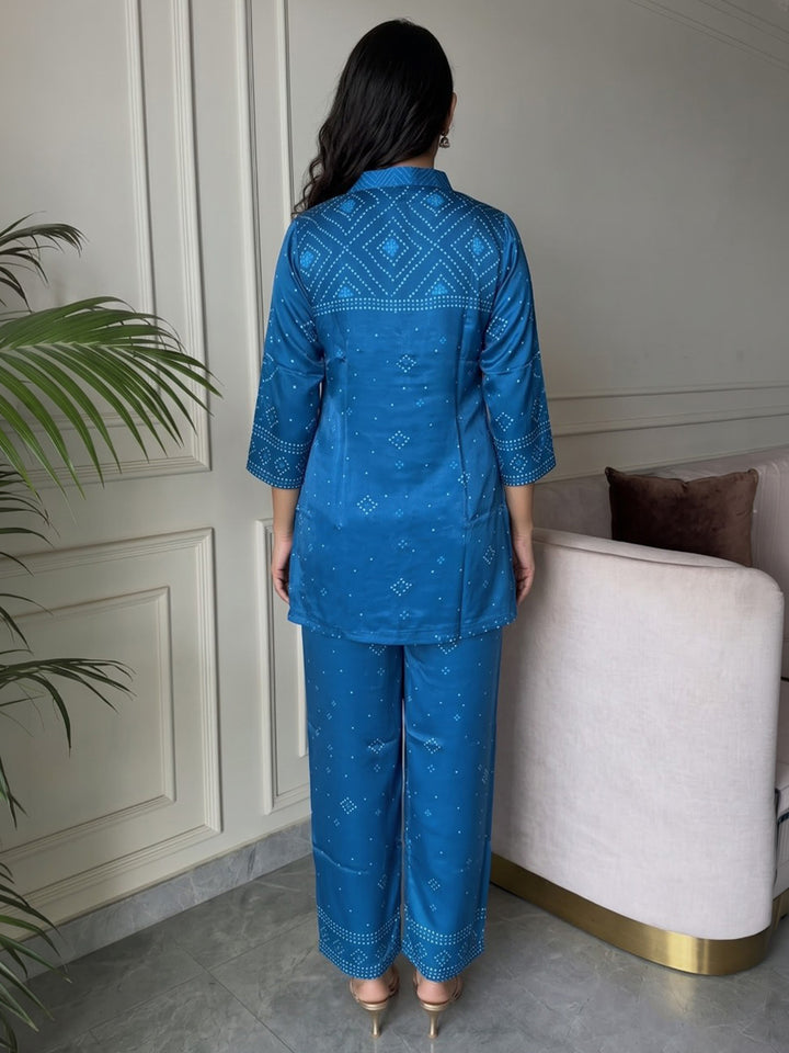 Blue Printed Crepe Kurta Set