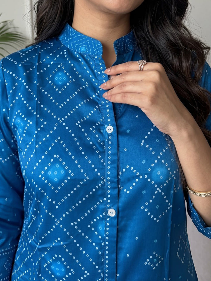 Blue Printed Crepe Kurta Set