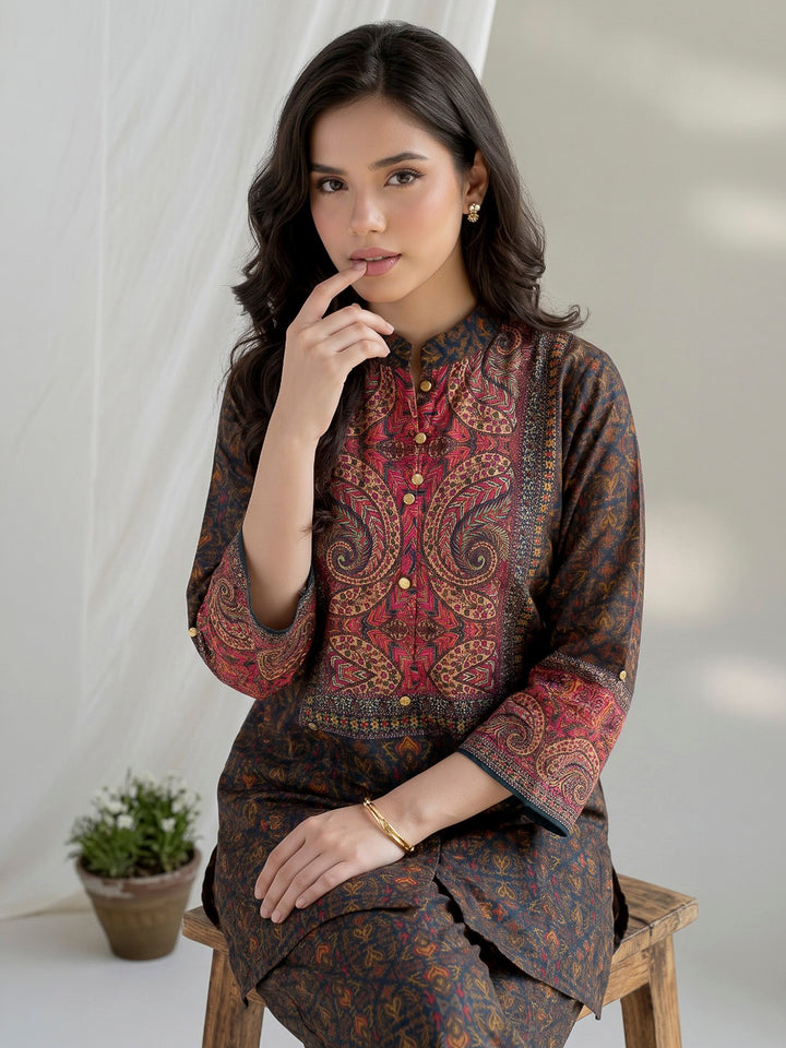 Brown Printed Crepe Kurta Set
