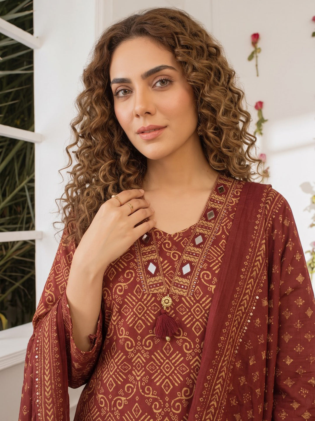 Red Printed Cotton Blend Kurta With Pant &amp; Dupatta