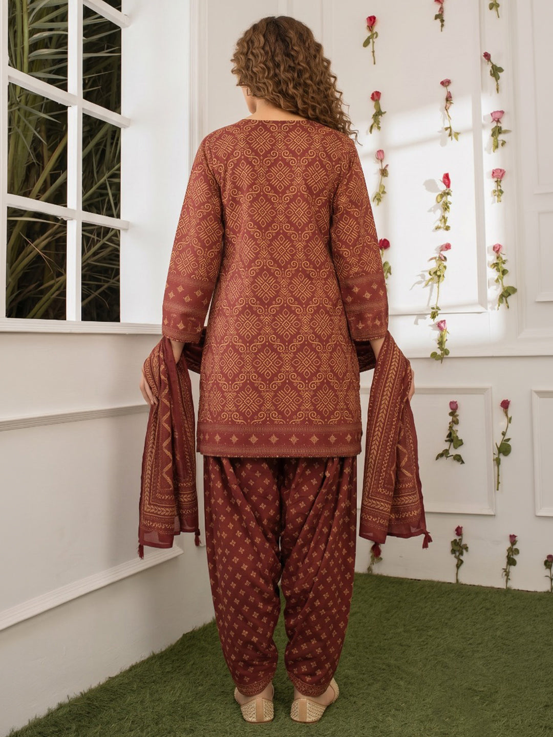 Red Printed Cotton Blend Kurta With Pant &amp; Dupatta