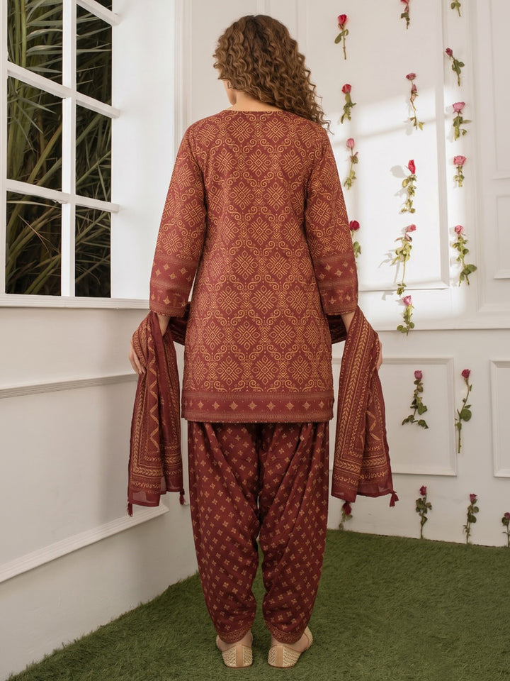 Red Printed Cotton Blend Kurta With Pant &amp; Dupatta