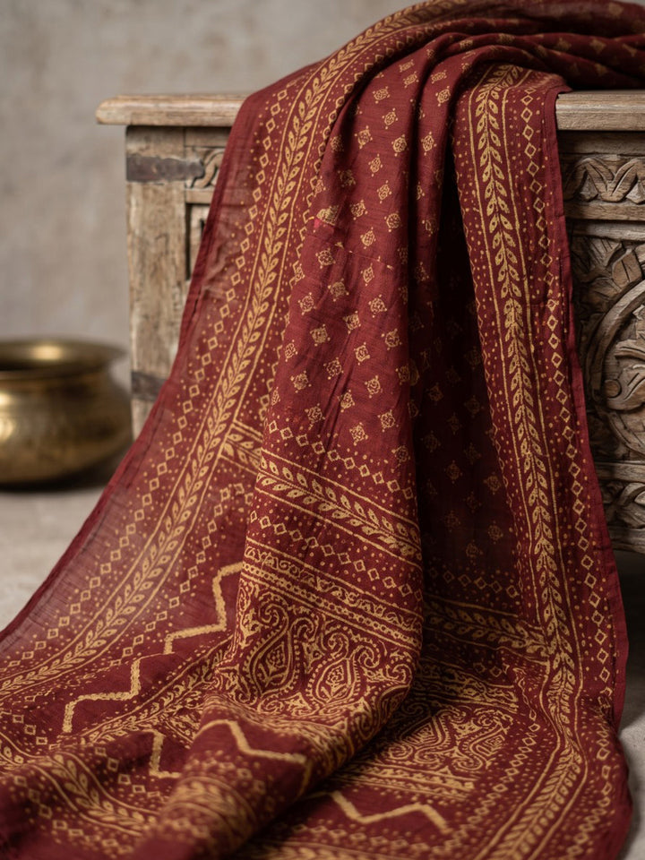 Red Printed Cotton Blend Kurta With Pant &amp; Dupatta