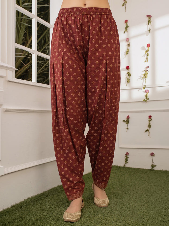 Red Printed Cotton Blend Kurta With Pant &amp; Dupatta