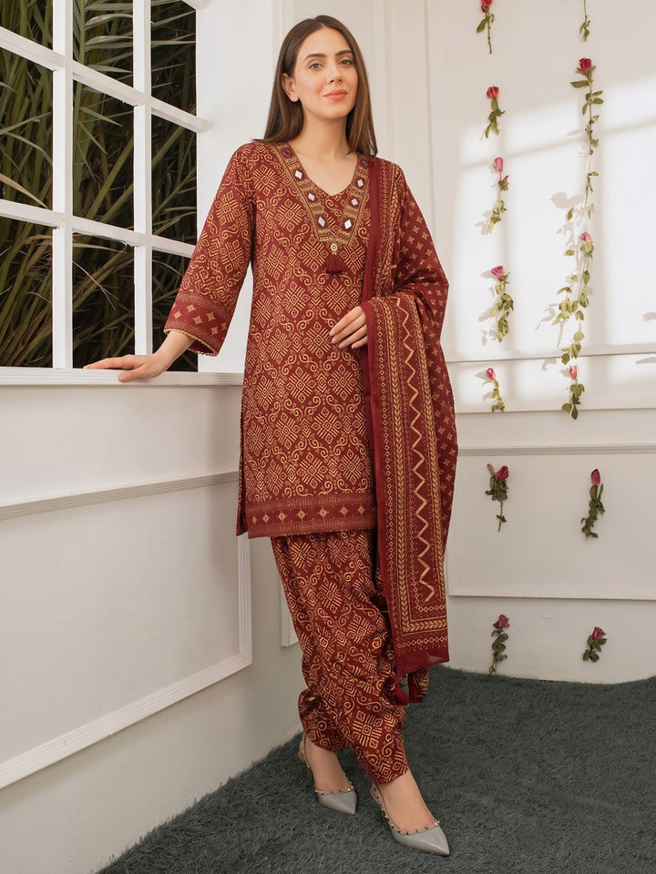 Rust Printed Cotton Blend Kurta With Pant &amp; Dupatta