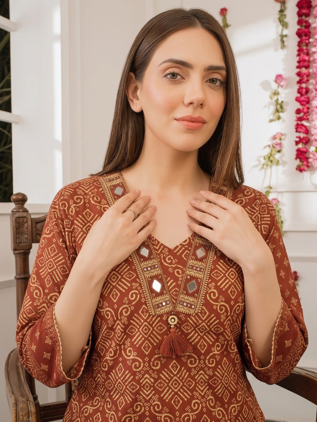 Rust Printed Cotton Blend Kurta With Pant &amp; Dupatta