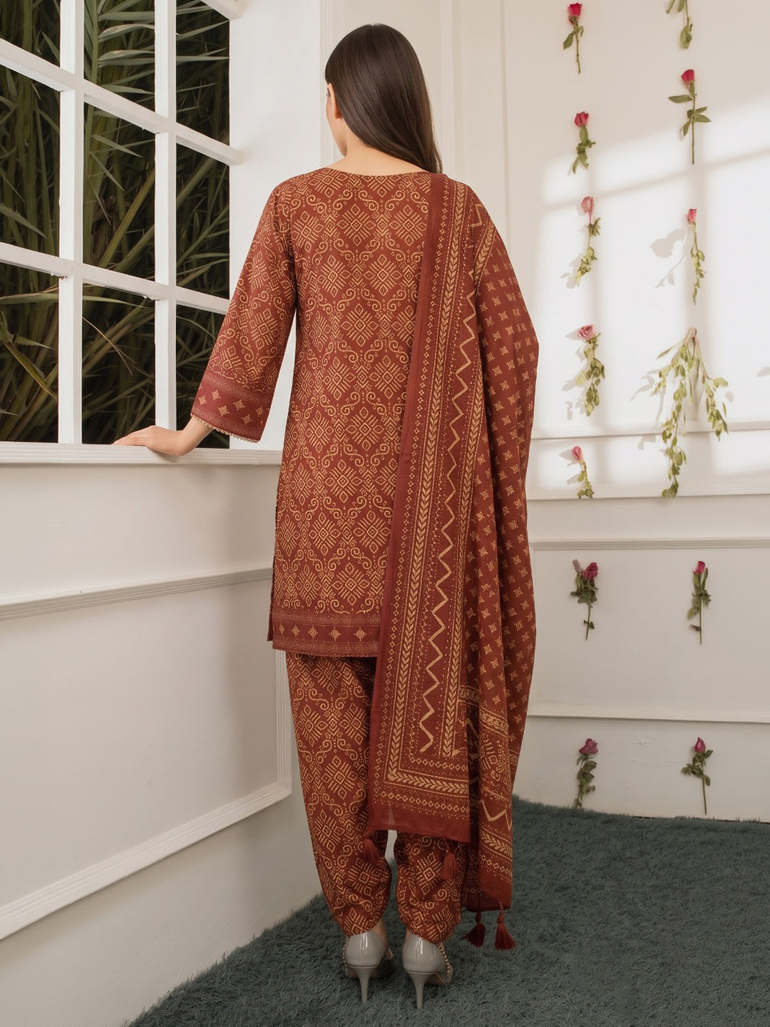 Rust Printed Cotton Blend Kurta With Pant &amp; Dupatta