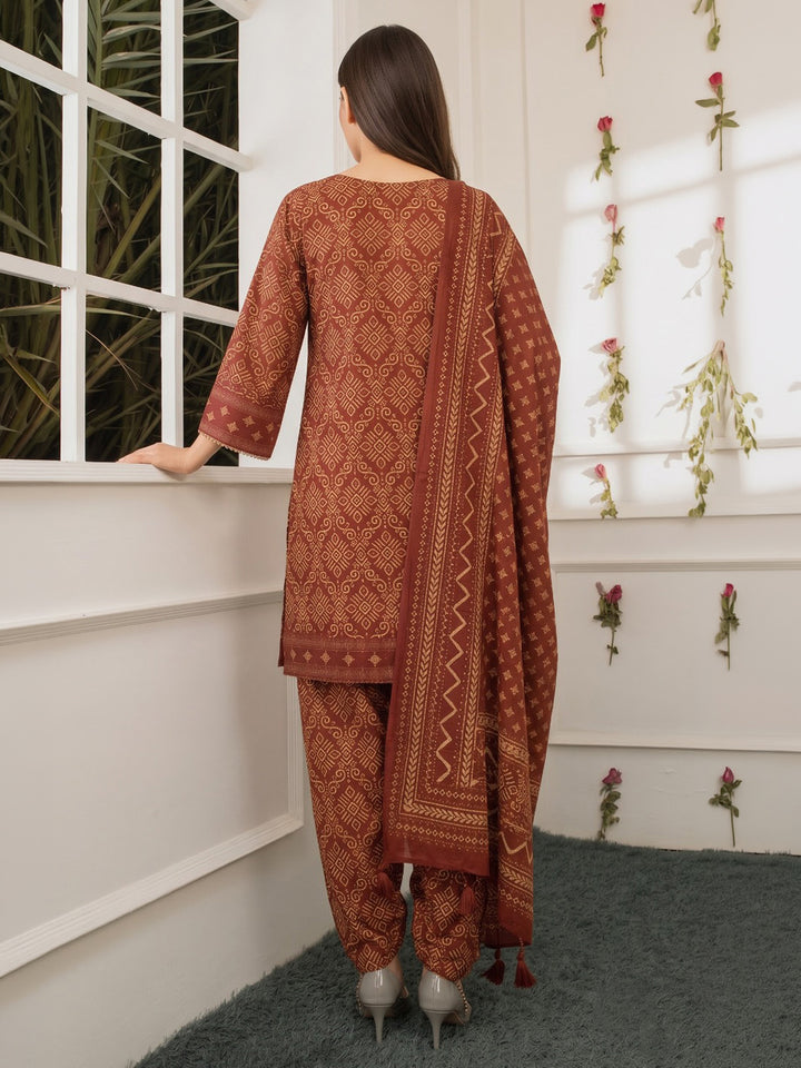 Rust Printed Cotton Blend Kurta With Pant &amp; Dupatta