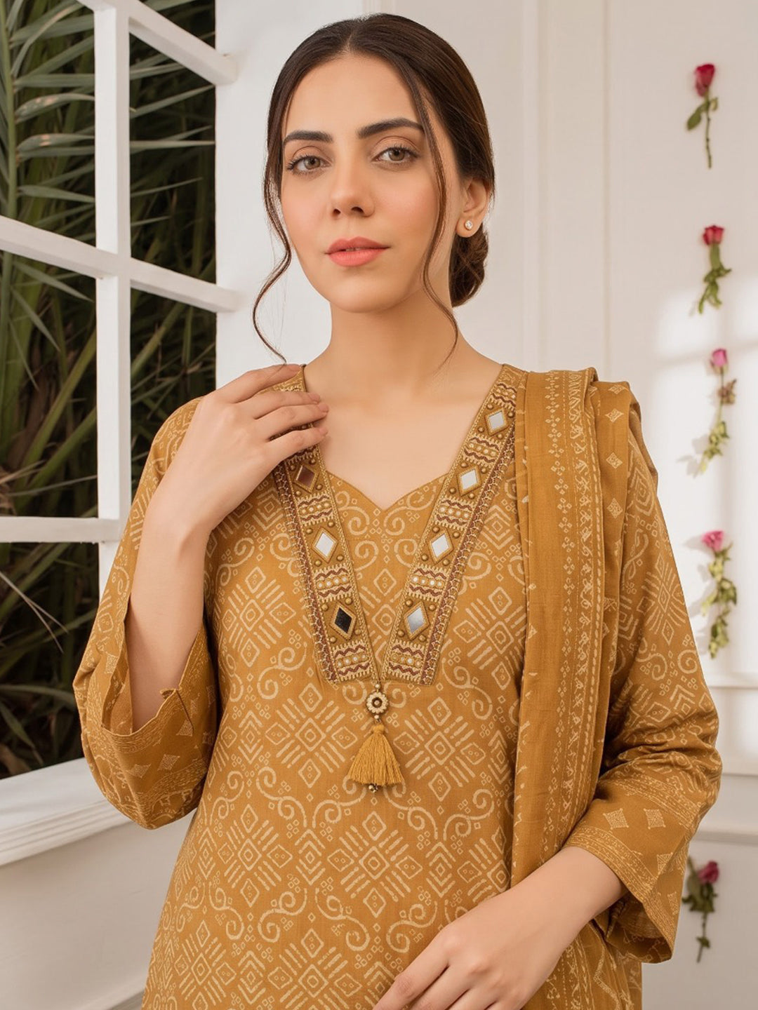 Yellow Printed Cotton Blend Kurta With Pant &amp; Dupatta