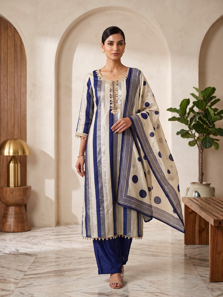 Blue Embroidered Crepe Kurta With Pant &amp; Dupatta