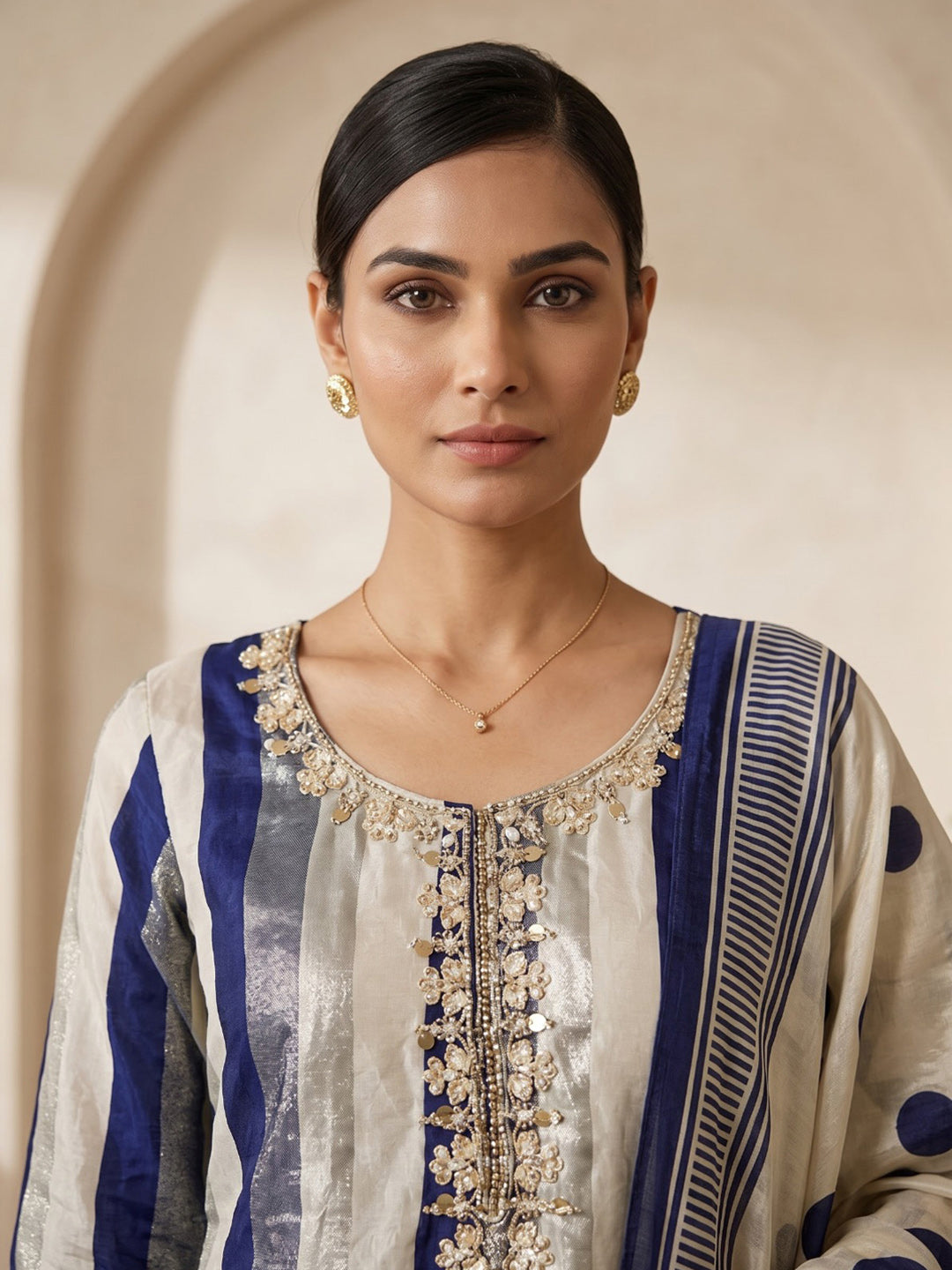 Blue Embroidered Crepe Kurta With Pant &amp; Dupatta