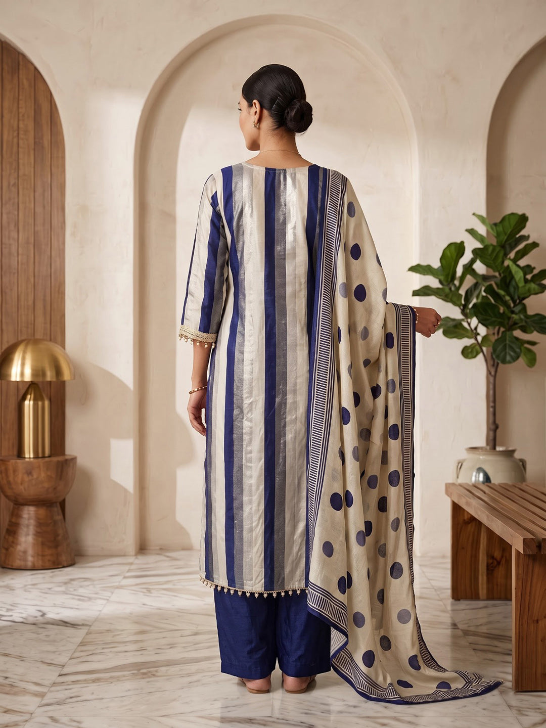 Blue Embroidered Crepe Kurta With Pant &amp; Dupatta
