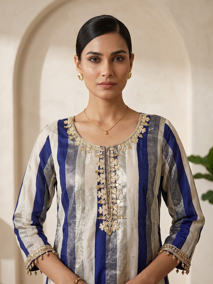 Blue Embroidered Crepe Kurta With Pant &amp; Dupatta