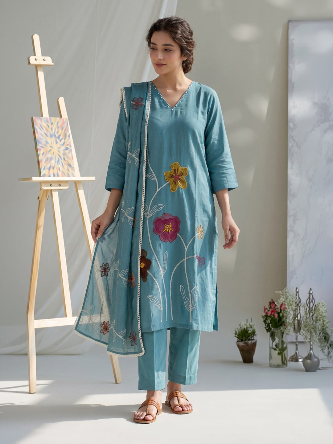 Blue Embroidered Chanderi Kurta With Pant &amp; Dupatta