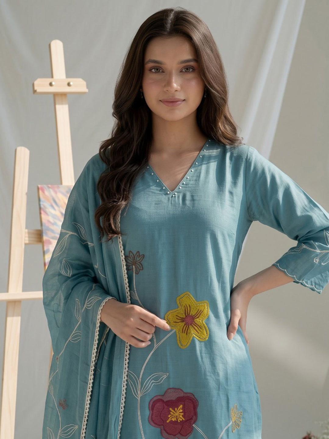 Blue Embroidered Chanderi Kurta With Pant &amp; Dupatta