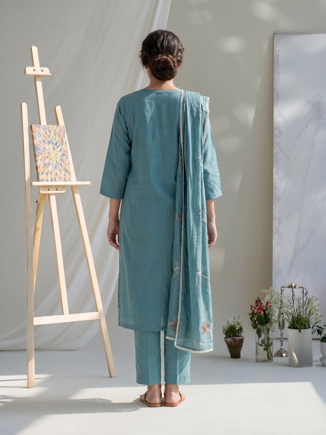 Blue Embroidered Chanderi Kurta With Pant &amp; Dupatta