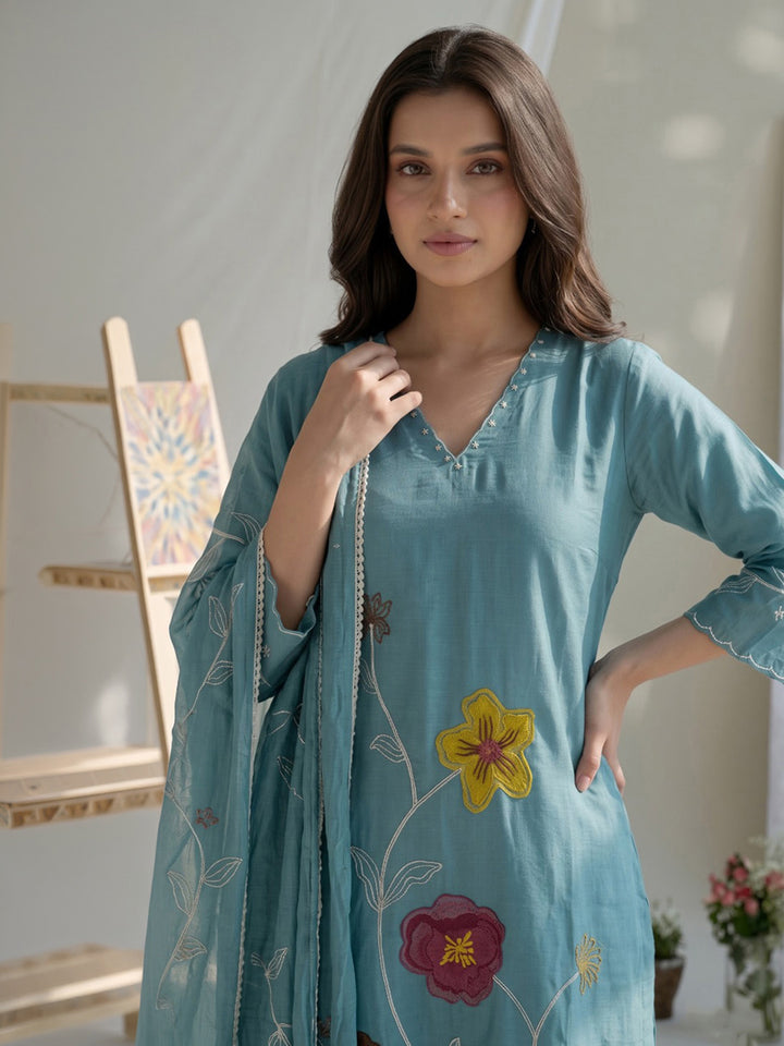 Blue Embroidered Chanderi Kurta With Pant &amp; Dupatta