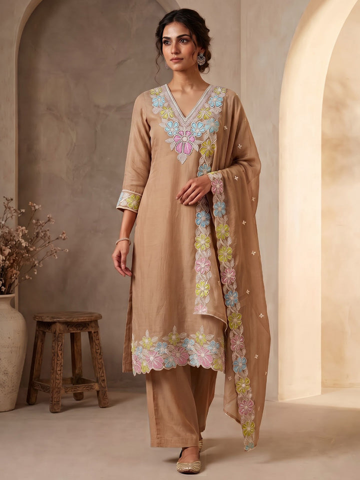 Brown Printed Chanderi Kurta With Pant &amp; Dupatta