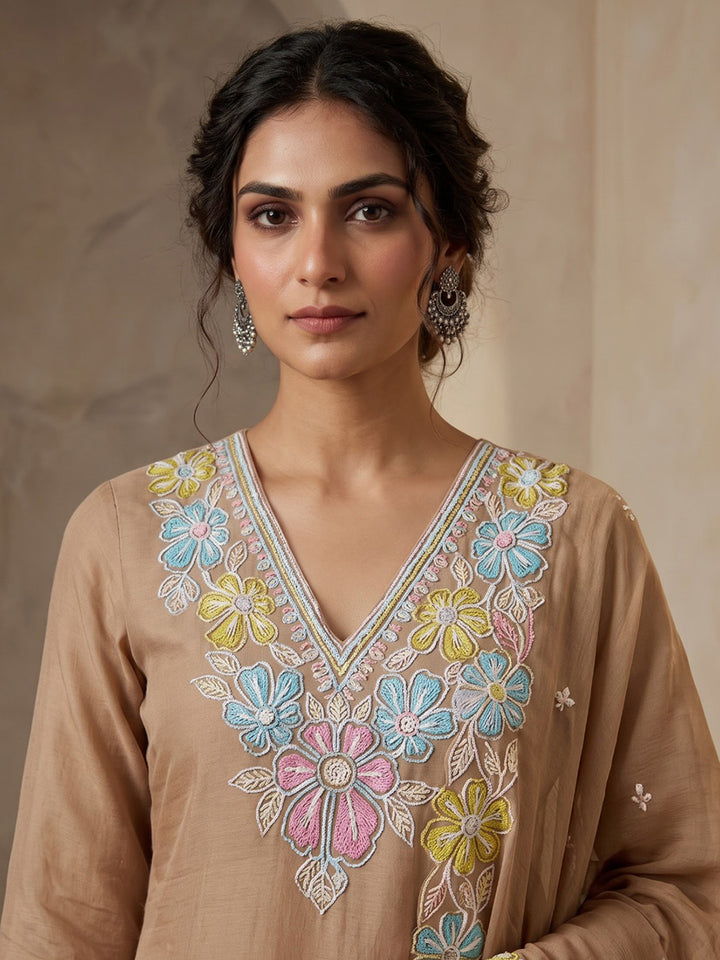 Brown Printed Chanderi Kurta With Pant &amp; Dupatta