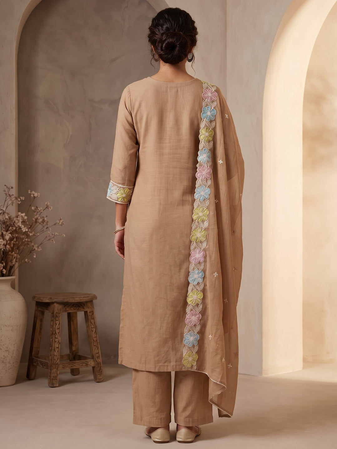 Brown Printed Chanderi Kurta With Pant &amp; Dupatta