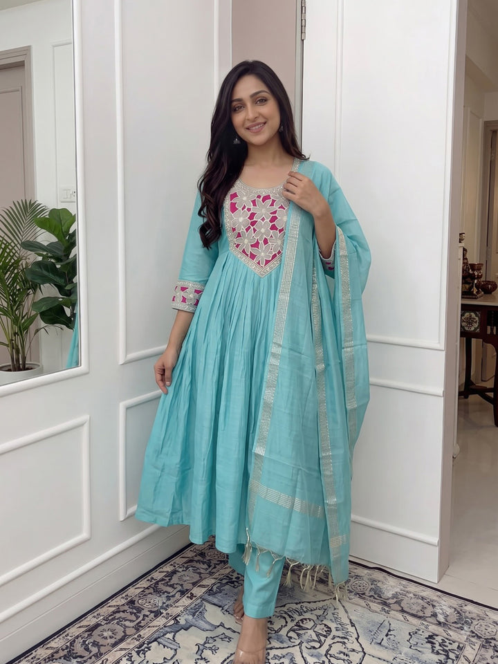 Sky Blue Printed Chanderi Kurta With Pant &amp; Dupatta