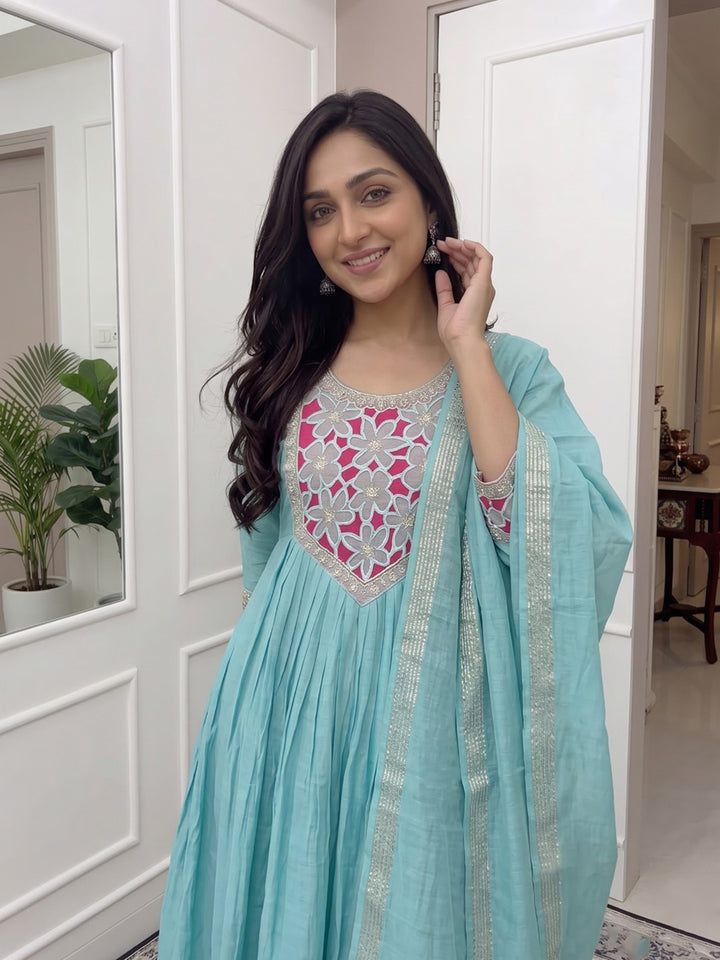 Sky Blue Printed Chanderi Kurta With Pant &amp; Dupatta