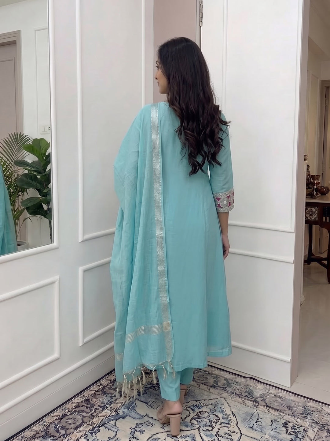Sky Blue Printed Chanderi Kurta With Pant &amp; Dupatta